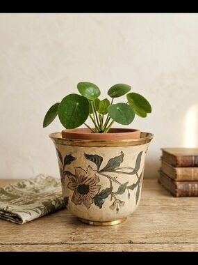 Vintage Etched Brass & Cream Enamel Floral Planter